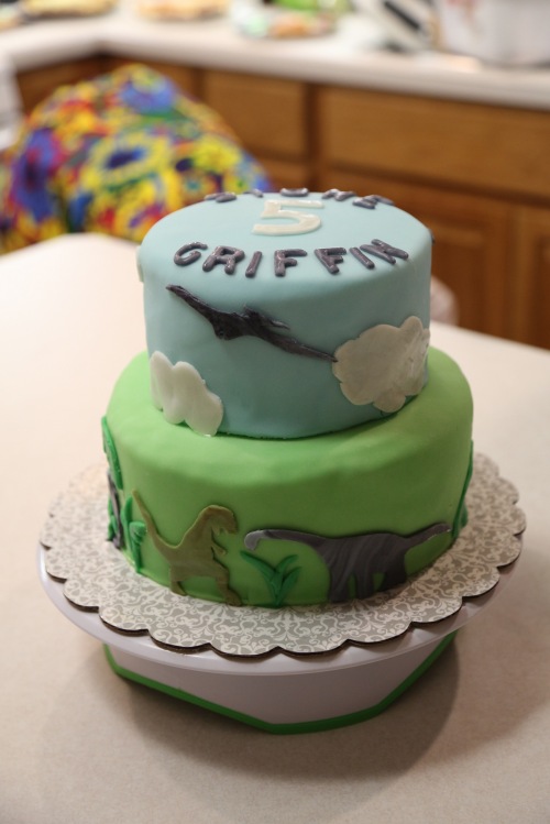 My boys' 5th Birthday Cake.  GF Chocolate Cake filled and frosted in American Vanilla Buttercream.  Covered and decorated in Marshmallow Fondant.